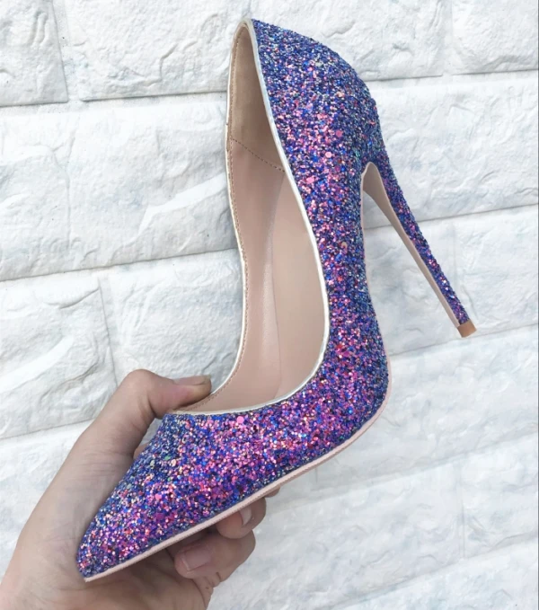 Sparkly Purple Sequins Rave Club Pumps 2021 Leather 10 cm Stiletto Heels High Heels Pointed Toe Pumps