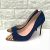 Fashion Navy Blue Cocktail Party Suede Rivet Pumps 2021 10 cm Stiletto Heels Pointed Toe High Heels