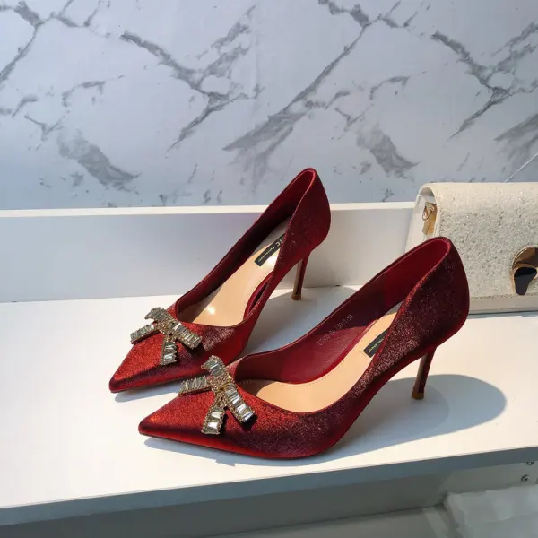 Charmant Burgunderrot Abend Strass Schleife Pumps 2021 8 cm Stilettos Spitzschuh Hochhackige