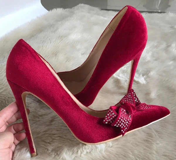Chic / Beautiful Red Suede Cocktail Party Rhinestone Bow Pumps 2021 10 cm Stiletto Heels Pointed Toe High Heels