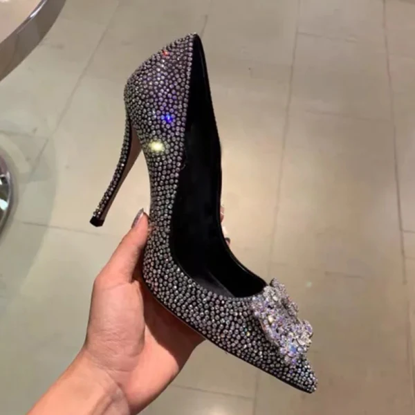 Błyszczące Czarne Wieczorowe Kryształ Czółenka 2021 Rhinestone 10 cm Szpilki Wysokie Obcasy Szpiczaste Czółenka