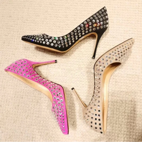 Sexy Tan Abend Strass Pumps 2021 Leder 10 cm Stilettos Hochhackige Spitzschuh Pumps