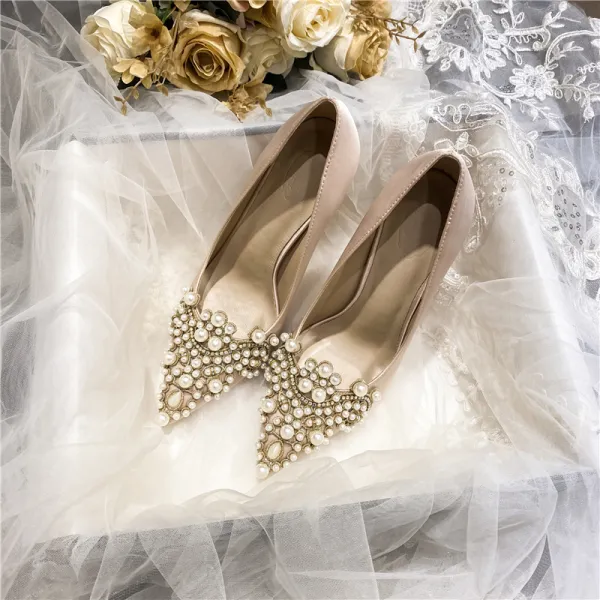 Elegant Champagne Pearl Rhinestone Wedding Shoes 2021 Satin High Heels 10 cm Pointed Toe Wedding Pumps Thick Heels