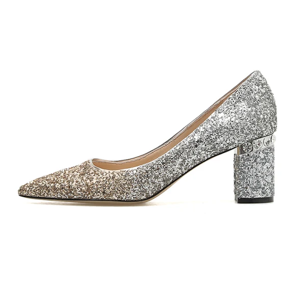 Glittrande Sexig Silver Afton Paljetter Pumps 2021 Läder 6 cm Rhinestone Tjocka Klackar Högklackade Spetsiga Pumps
