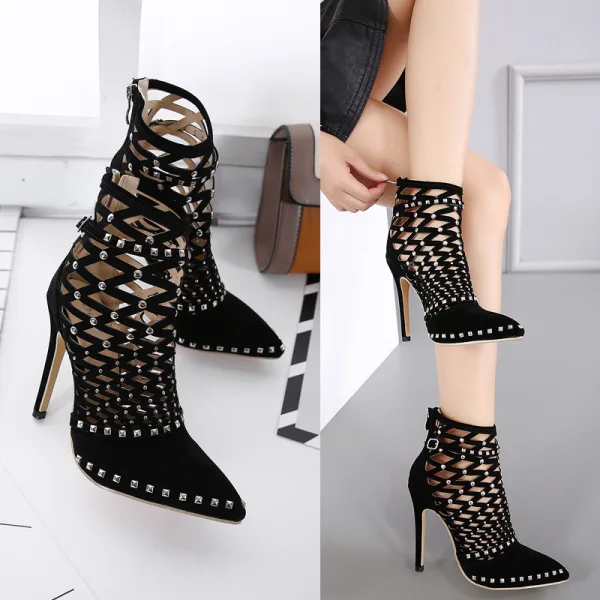 Mode Noire Soirée Percé Faux Diamant Sandales Femme 2021 12 cm Talons Aiguilles À Bout Pointu Sandales Talons Hauts
