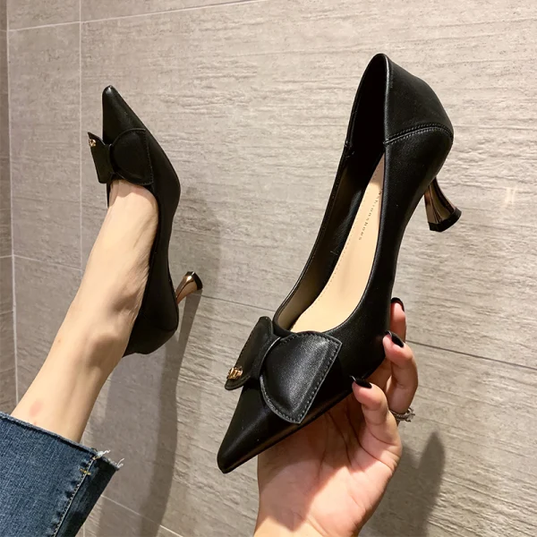 Simple Noire Bureau OL Noeud Escarpins 2021 Cuir 5 cm Talons Aiguilles Talons Hauts À Bout Pointu Escarpins