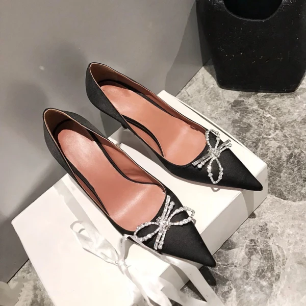 Charming Black Silk Satin Evening Party Pumps 2021 Bow Rhinestone High Heels 10 cm Stiletto Heels Pointed Toe Pumps