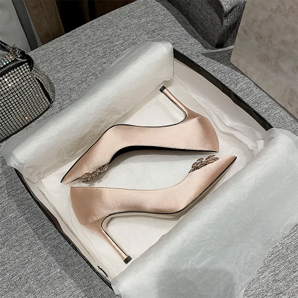 Elegant Ivory Satin Rhinestone Wedding Shoes 2021 8 cm Stiletto Heels High Heels Pointed Toe Wedding Pumps