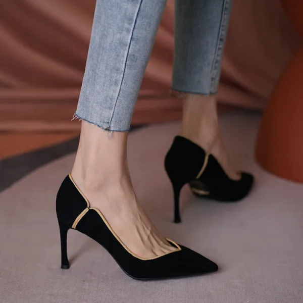 Schöne Schwarz Ball Wildleder Pumps 2021 Leder 6 cm Stilettos Spitzschuh Hochhackige