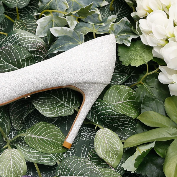Scintillantes Blanche Perle Faux Diamant Paillettes Chaussure De Mariée 2021 Cuir 7 cm Talons Aiguilles Talons Hauts À Bout Pointu Mariage Escarpins