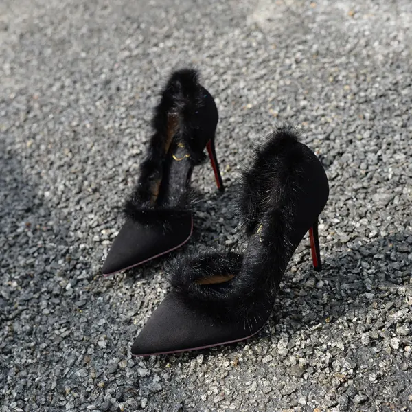 Schöne Schwarz Strassenmode Plüsch Wildleder Damenschuhe 2021 10 cm Stilettos Spitzschuh Offene Seite Hochhackige