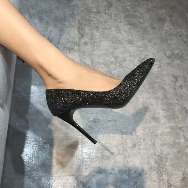 Glitzernden Schwarz Abend Glanz Pailletten Pumps 2021 Leder 10 cm Stilettos Spitzschuh Hochhackige
