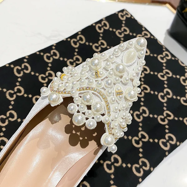 Charmant Ivoire Perle Faux Diamant Chaussures Femmes 2021 7 cm Talons Aiguilles À Bout Pointu Mariage Talons Hauts