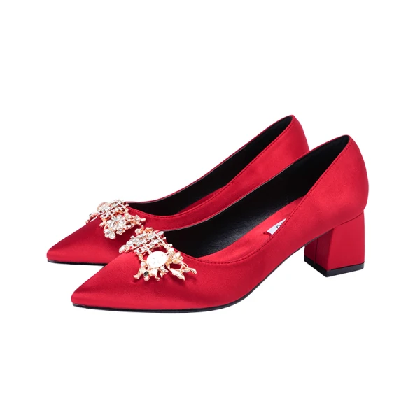 Chinese style Red Satin Rhinestone Wedding Shoes 2021 7 cm Thick Heels Pointed Toe Wedding High Heels Pumps