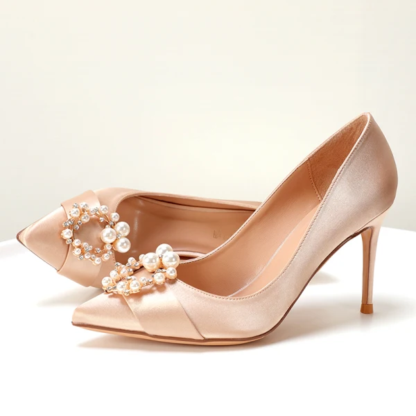 Chic / Beautiful Champagne Bridesmaid Satin Pumps 2021 Rhinestone Pearl 10 cm Stiletto Heels Pointed Toe High Heels