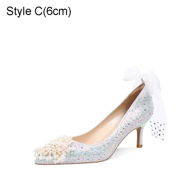 Charmig Glittrande Silver Rhinestone Pärla Brudskor 2021 Rosett Läder 10 cm Stilettklackar Spetsiga Bröllop Högklackade Pumps