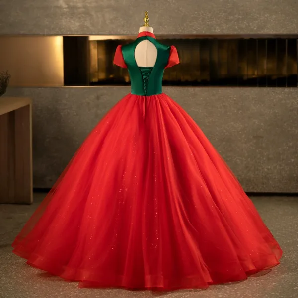 Vintage / Retro Red Beading Lace Flower Sequins Prom Dresses 2025 Ball Gown High Neck Short Sleeve Backless Floor-Length / Long Formal Dresses
