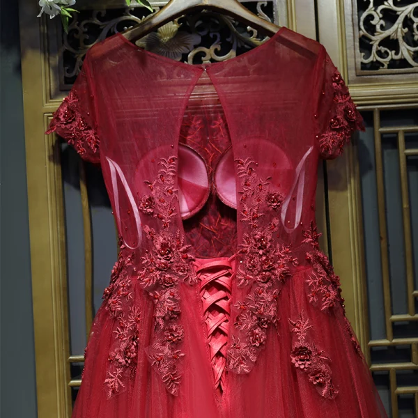 Chic / Belle Rouge Robe De Ceremonie Robe De Soirée 2017 Dentelle Fleur Perle Encolure Dégagée Manches Courtes Courte Princesse