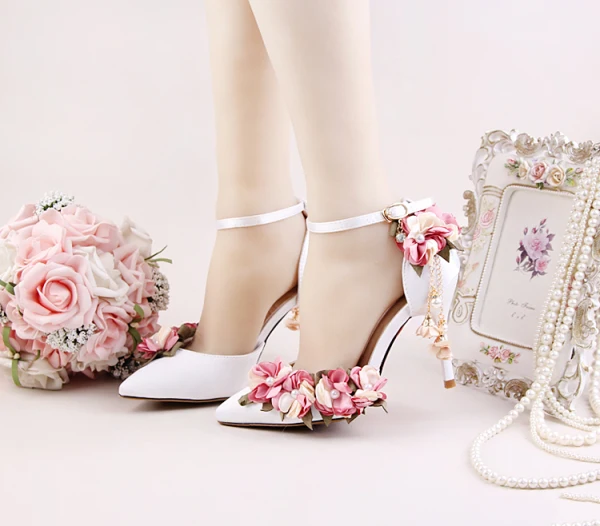 Chic / Beautiful White Outdoor / Garden Pearl Flower Womens Shoes 2021 Ankle Strap 9 cm Stiletto Heels Pointed Toe High Heels