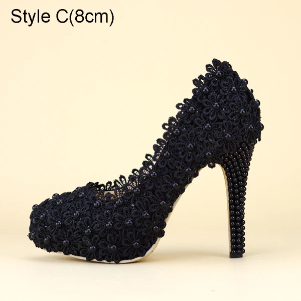 Sexy Black Rave Club Lace Flower Pearl Pumps 2021 14 cm Stiletto Heels Pointed Toe High Heels Pumps
