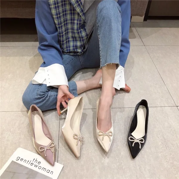 Elegant Beige Evening Party Bow Pearl Pumps 2021 7 cm Stiletto Heels High Heels Pointed Toe Pumps
