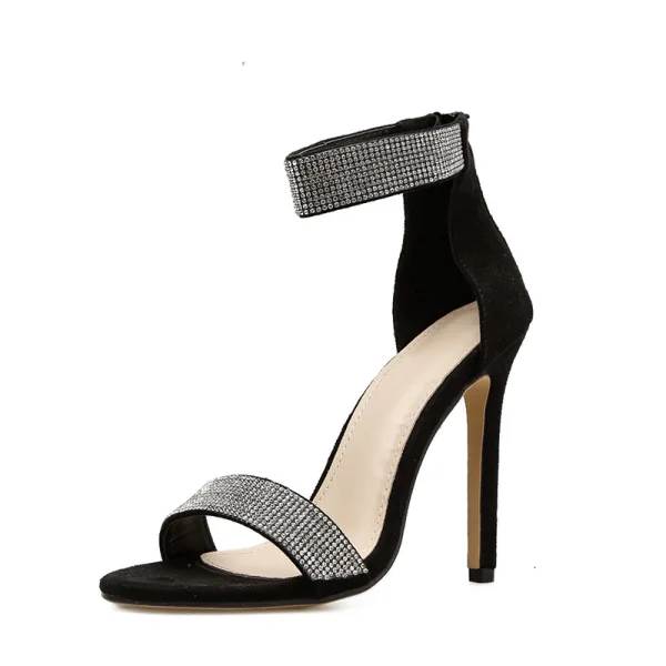 Sexy Schwarz Abend Strass Sandalen Damen 2021 Knöchelriemen 11 cm Stilettos Peeptoes Hochhackige