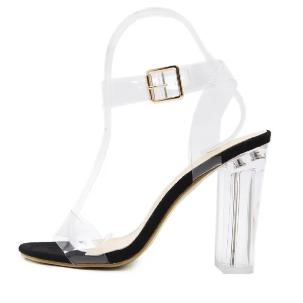 Sexy Noire Cocktail Transparente Sandales Femme 2021 11 cm Cristal Talons Épais Bride Cheville Peep Toes / Bout Ouvert Talons Hauts Sandales
