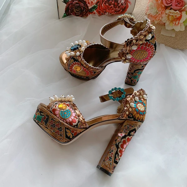 Luxus / Herrlich Barocke Braun Perle Strass Ball Sandalen Damen 2021 Leder Wasserdichte Knöchelriemen 14 cm Thick Heels Peeptoes Hochhackige
