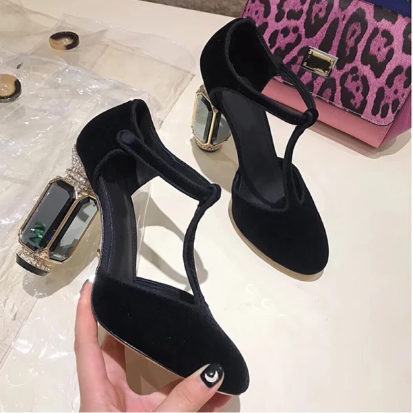 Charmant Vert Foncé Promo Faux Diamant Daim Sandales Femme 2021 Cuir 10 cm Pierres précieuses synthétiques Talons Épais T-Strap À Bout Rond Talons Hauts
