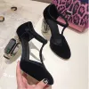 Charming Dark Green Prom Rhinestone Suede Womens Sandals 2021 Leather 10 cm Synthetic Gemstones Thick Heels T-Strap Round Toe High Heels