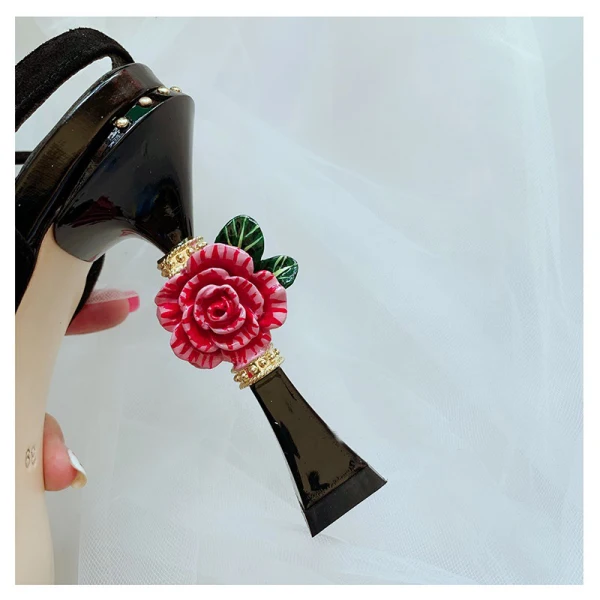 Vintage / Retro High-end Black Pageant Womens Sandals 2021 Leather Embroidered Ankle Strap 10 cm Stiletto Heels Open / Peep Toe High Heels