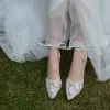High-end White See-through Lace Flower Wedding Shoes 2021 Leather 7 cm Stiletto Heels Pointed Toe Wedding High Heels