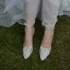 Elegante Witte Kant Bloem Bruidsschoenen 2021 Leer Lace-up 6 cm Naaldhakken / Stiletto Spitse Neus Huwelijk Hoge Hakken