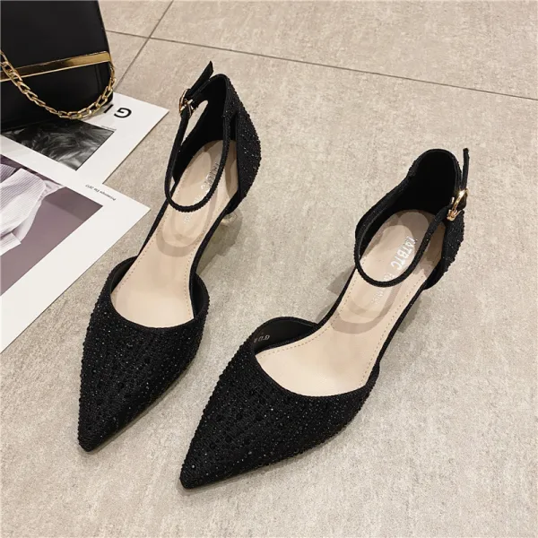 Sexy Beige Evening Party Rhinestone Womens Sandals 2021 Ankle Strap 6 cm Stiletto Heels Pointed Toe High Heels