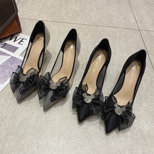 Schöne Schwarz Durchsichtige Ball Pumps 2021 Strass Schleife 7 cm Stilettos Hochhackige Spitzschuh Pumps