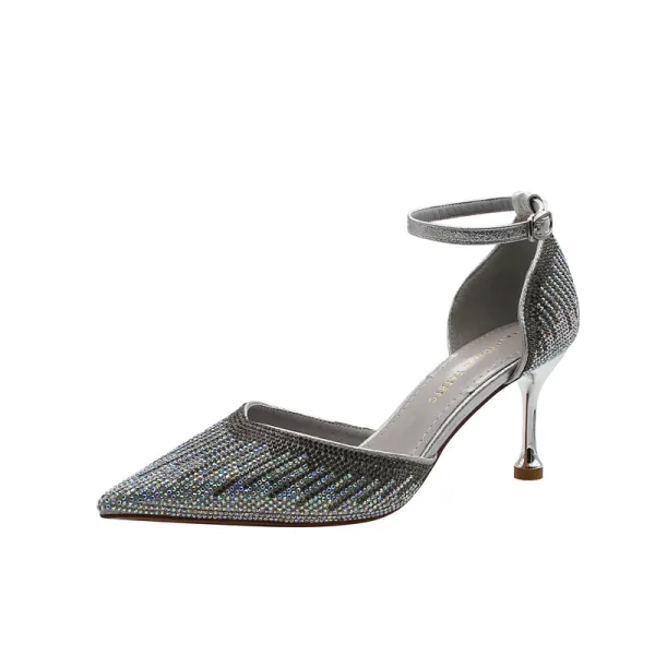 Charmant Gold Abend Strass Sandalen Damen 2021 Knöchelriemen 7 cm Stilettos Spitzschuh Hochhackige