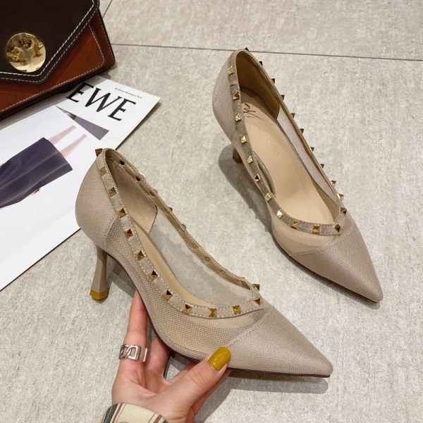 Fashion Rivet Black See-through Evening Party Pumps 2021 7 cm Stiletto Heels Pointed Toe High Heels Pumps