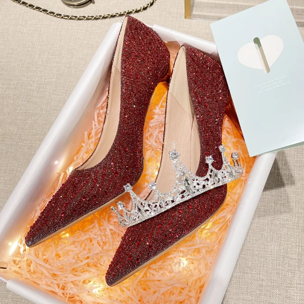 Glitzernden Charmant Rot Strass Pailletten Abend Pumps 2021 9 cm Stilettos Spitzschuh Hochhackige Pumps