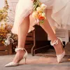 Charming Ivory Pearl Rhinestone Lace Flower Wedding Shoes 2021 Leather 8 cm Stiletto Heels Pointed Toe Wedding High Heels