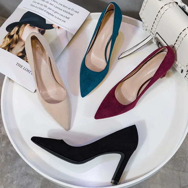 Chic / Beautiful Burgundy Office OL Suede Pumps 2021 Leather 7 cm Thick Heels Pointed Toe High Heels Pumps