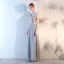 Elegant Chinese style Silver Evening Dresses  2018 A-Line / Princess Appliques Lace Sequins Sash High Neck Backless Sleeveless Floor-Length / Long Formal Dresses