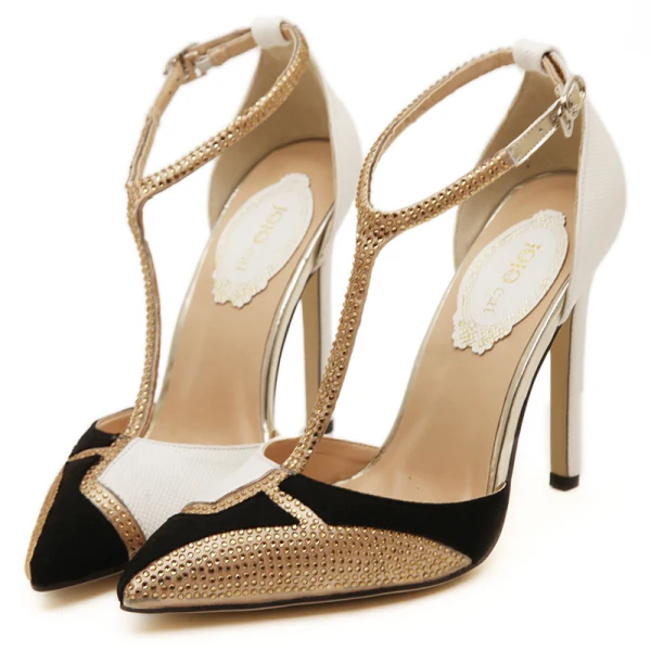 Sexy Blanche Soirée Faux Diamant T-Strap Sandales Femme 2021 11 cm Talons Aiguilles Talons Hauts À Bout Pointu Sandales