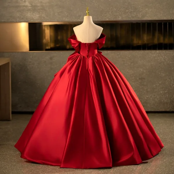 Elegant Burgundy Prom Dresses 2025 Ball Gown Off-The-Shoulder Bow Short Sleeve Backless Floor-Length / Long Formal Dresses