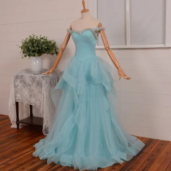 Chic / Beautiful Sky Blue Prom Dresses 2018 A-Line / Princess Rhinestone Sequins Cascading Ruffles Off-The-Shoulder Backless Sleeveless Floor-Length / Long Formal Dresses