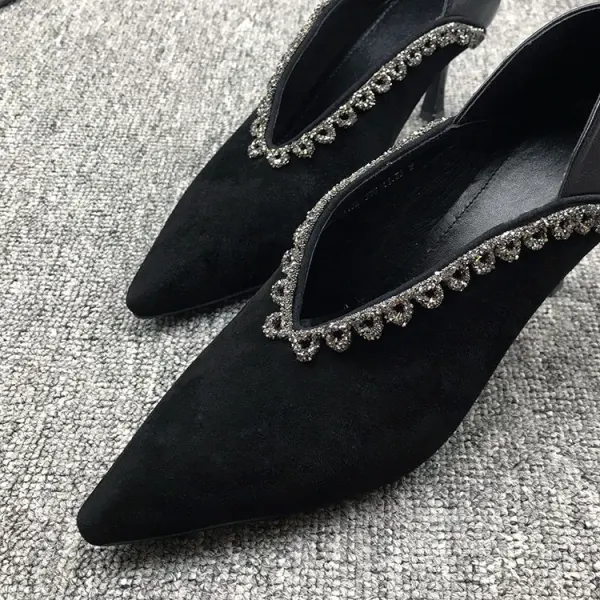 Vintage Schwarz Freizeit Leder Strass Pumps 2021 7 cm Stilettos Hochhackige Spitzschuh Pumps