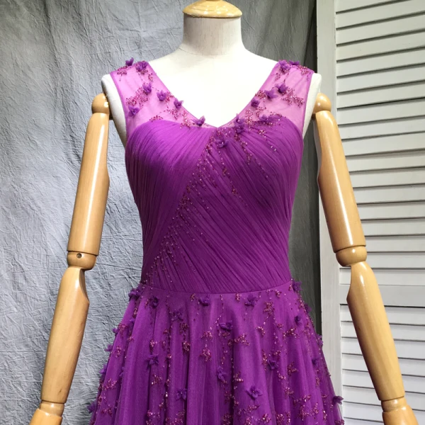 Chic / Belle Violet Robe De Soirée 2018 Princesse Perlage Perle Paillettes Appliques V-Cou Sans Manches Tribunal Train Robe De Ceremonie