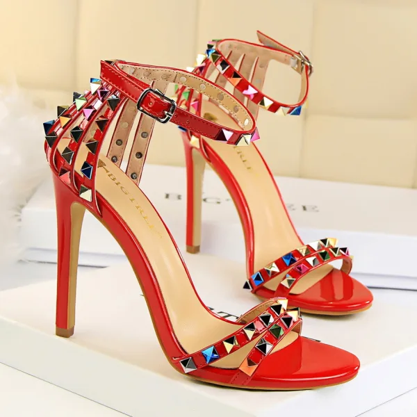 Sexy Silver Cocktail Party Rivet Womens Sandals 2021 T-Strap 11 cm Stiletto Heels Pointed Toe Sandals