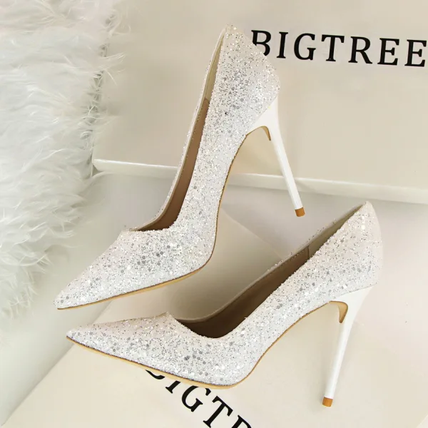 Glittrande Champagne Afton Paljetter Pumps 2021 Högklackade 9 cm Stilettklackar Spetsiga Pumps