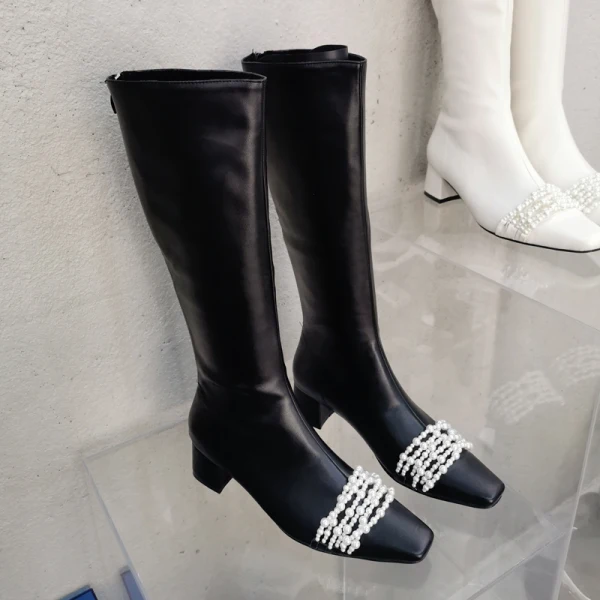 Mote Svart Gateklær Perle Kvinners støvler Midten Kalv 2021 5 cm Tykk Hæler Firkantetå Høyhælte Boots