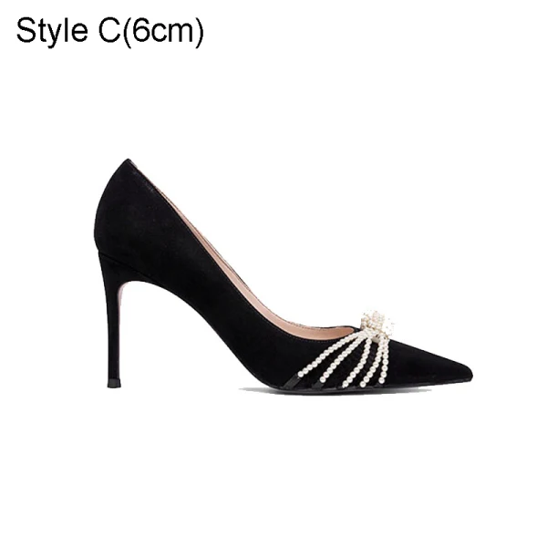 Elegante Zwarte Avond Parel Pumps 2021 Leer 10 cm Naaldhakken / Stiletto Spitse Neus Hoge Hakken Pumps